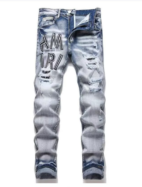 Slim Fit Embroidered Patch Denim Pants for Men