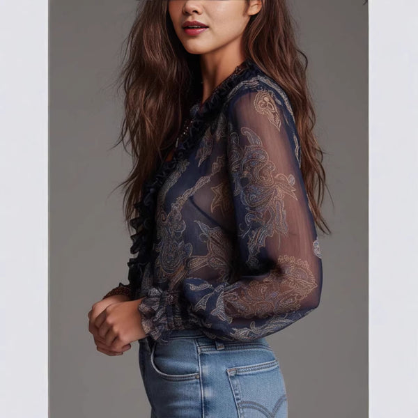 Patterned Blouse with Ruffles
