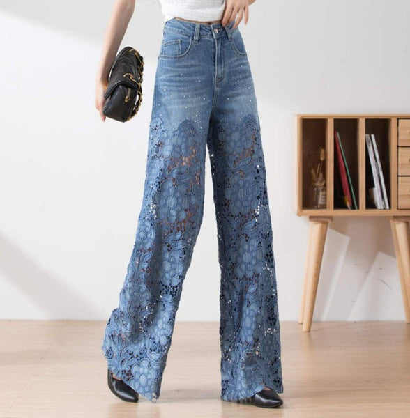 Lace Patchwork Straight Leg Denim Jeans