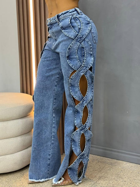 Side Hollow Denim Patchwork Jeans