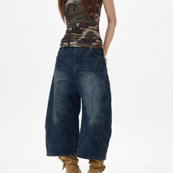 Vintage Washed Distressed Denim Wide Leg Pants