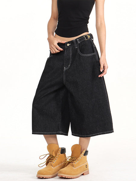 Adjustable Waist Vintage Denim Cropped Pants