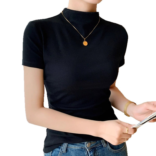 Half Turtleneck Short-Sleeve Cotton Shirt