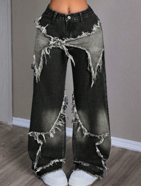 Star Patchwork Denim Wide Leg Jeans