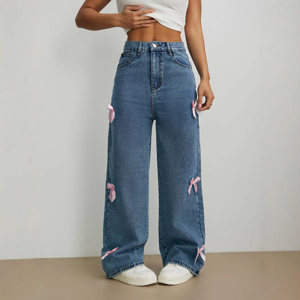 Bow-Accented Washed Jeans