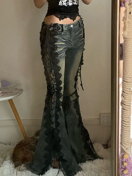 Womens Flared Denim Pants with Lace